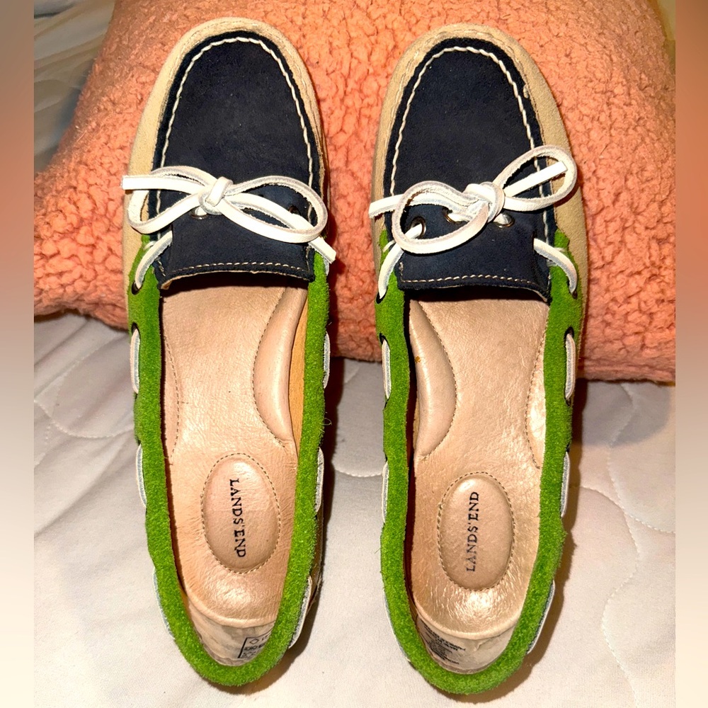 Lands End Womens Size 7.5  Blue Green Tan Suede Jenna Driving Moccasins Shoes 🆕